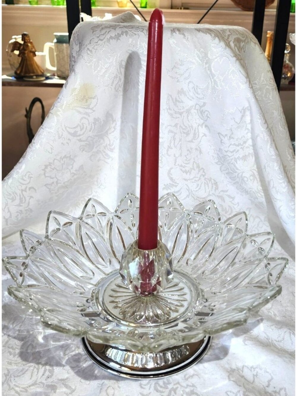 Vintage Federal Glass Petal Clear Centerpiece Bowl Taper Candle Holder Chrome Ba